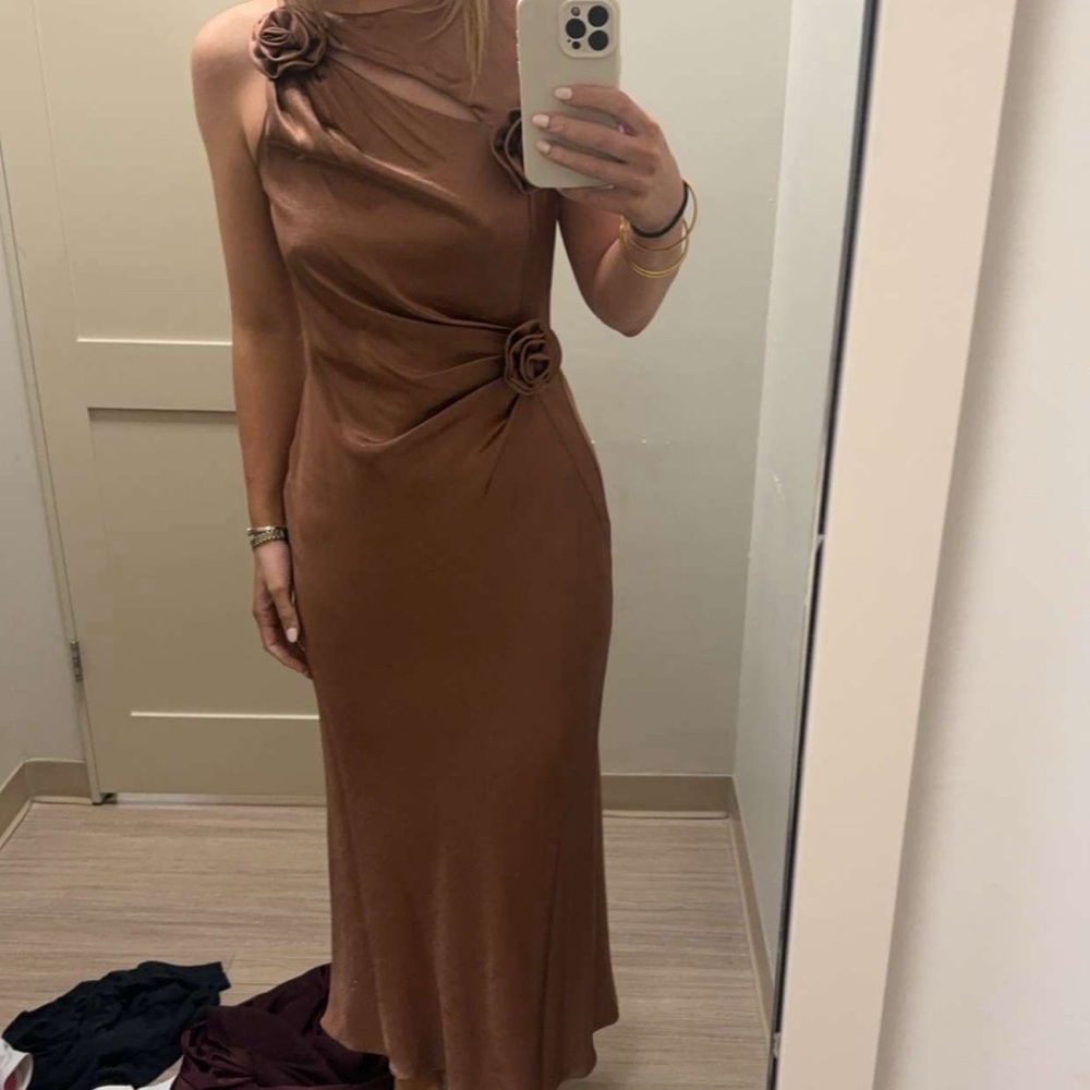 Cheyanne Satin 3D Rosettes Cutout Round Neck Sleeveless Ruched Slip Maxi Dress